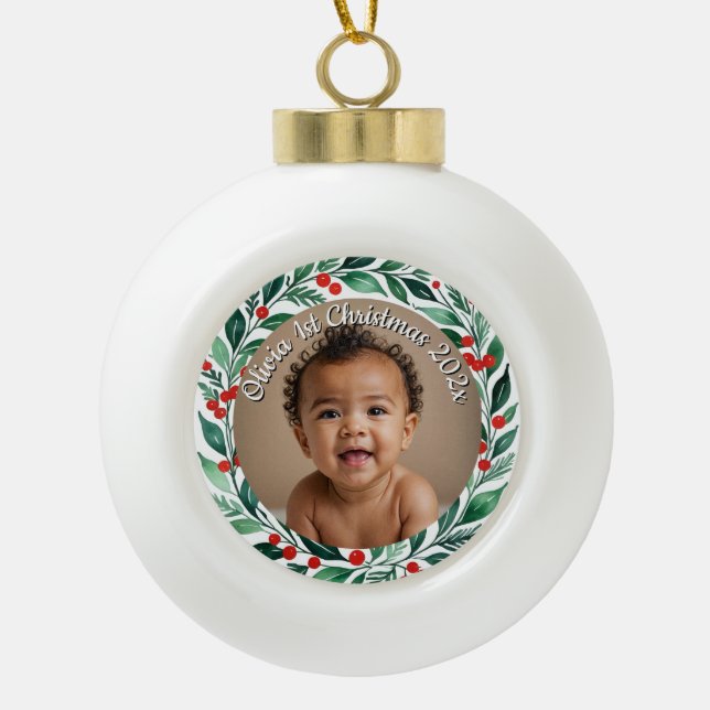 custom photo christmas holly  ceramic ornament (Front)