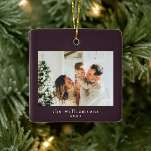 Custom Photo Christmas Minimal Plum Simple Family Ceramic Ornament
