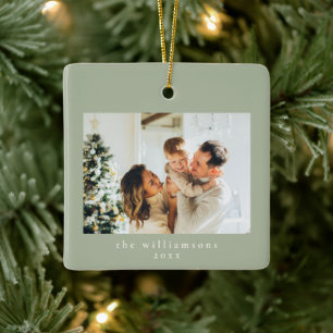 Custom Photo Christmas Minimalist Family Sage Ceramic Ornament