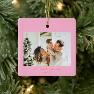 Custom Photo Christmas Pink Orange Simple Family Ceramic Ornament