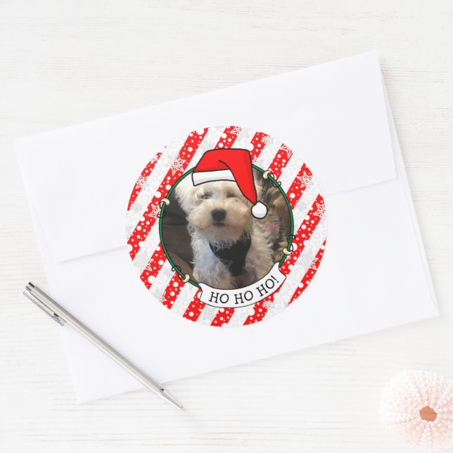 Custom Photo Christmas Santa Hat Pet HO HO HO Classic Round Sticker (Envelope)