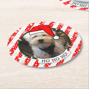 Custom Photo Christmas Santa Hat Pet HO HO HO Round Paper Coaster