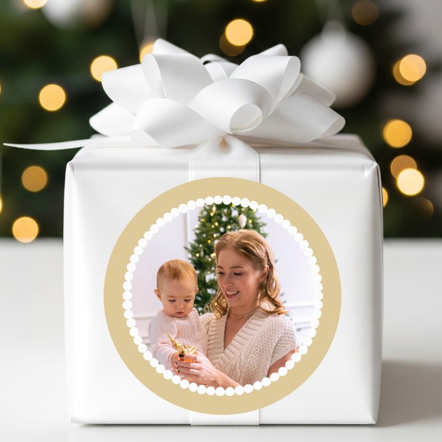 Custom Photo Christmas Snowball Frame Gold Classic Round Sticker (Creator Uploaded)