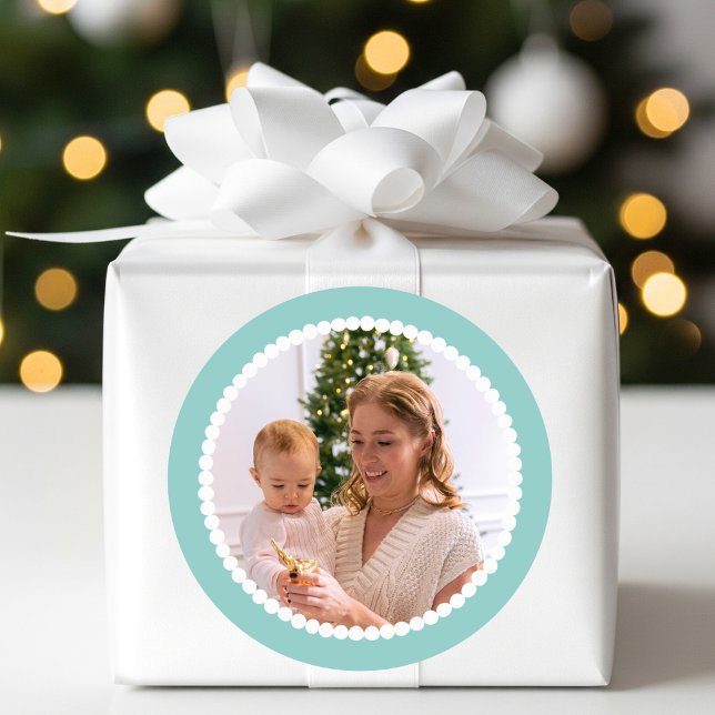 Custom Photo Christmas Snowball Frame Mint Classic Round Sticker (Creator Uploaded)