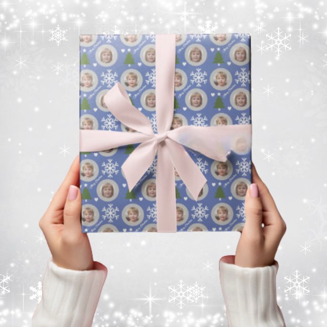 Custom Photo Christmas Tree and Snowflake Wrapping Paper (custom photo Christmas wrapping paper)