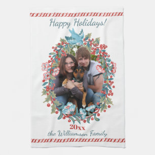 Custom Photo Christmas Wreath Candy Cane Cute Tea Towel