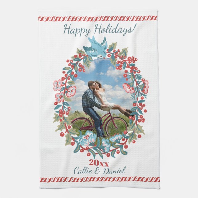 Custom Photo Christmas Wreath Couple Newlywed Tea Towel (Vertical)