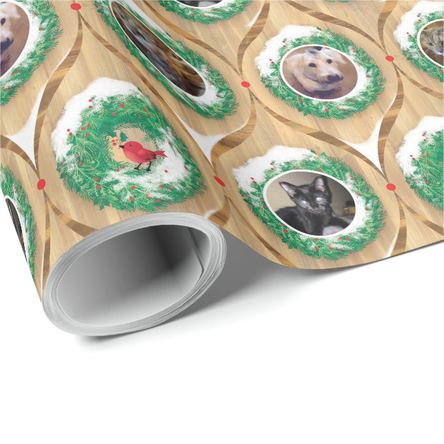 Custom Photo Christmas Wreaths Red Birds Cats Dogs Wrapping Paper (Roll Corner)