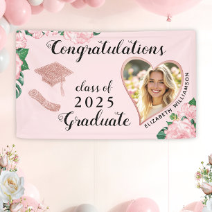 Custom Photo Class of 2025 Floral Pink Graduation Banner