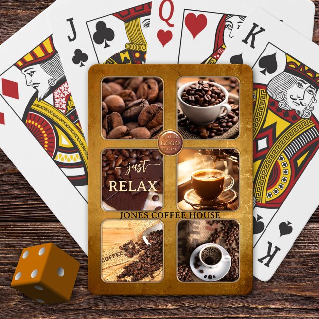 Custom Photo Coffee House Playing Cards (Playing cards featuring 6 photos framed by a grunge coffee design and your own logo)
