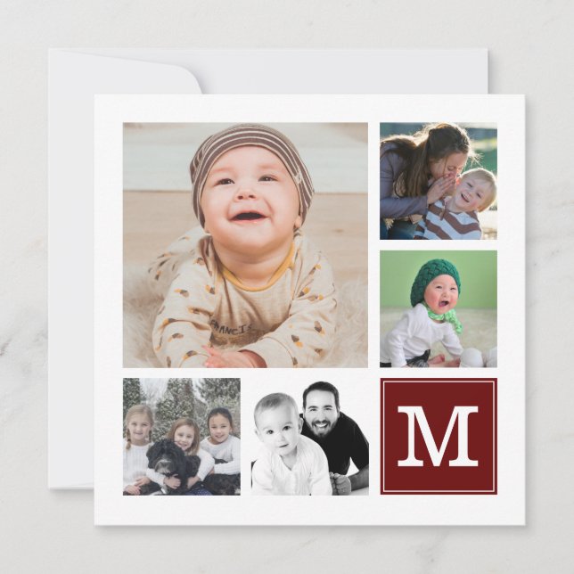 Custom Photo Collage 10 Photos Red Monogram Holiday Card (Front)