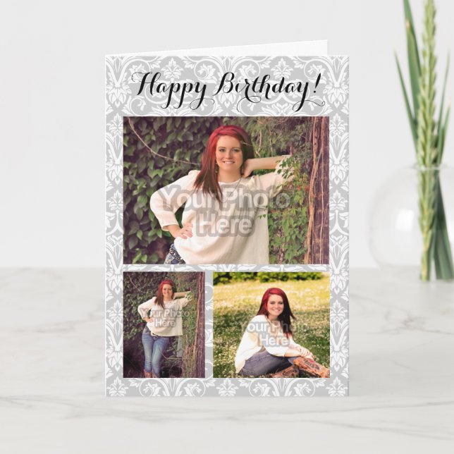 Custom Photo Collage 3 Picture Damask Birthday Card (Front)