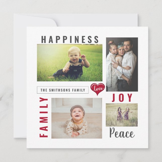 Custom Photo Collage and Love Joy Peace Family Holiday Card (Front)