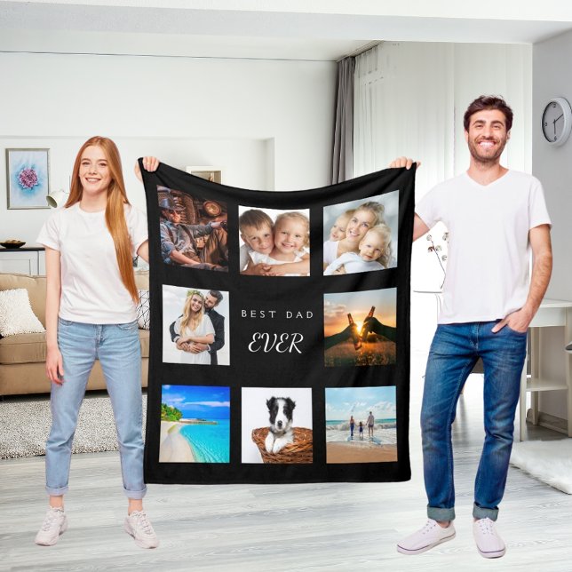 Custom photo collage best dad ever black fleece blanket (Creator Uploaded)