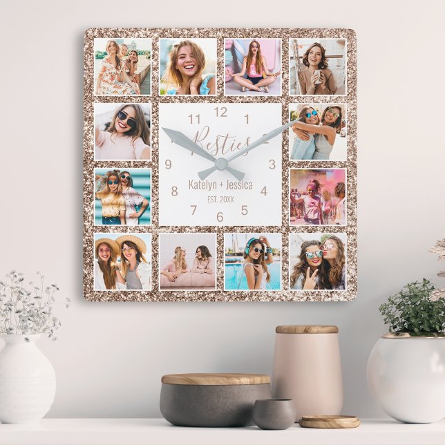 Custom Photo Collage Besties Rose Gold Glitter Square Wall Clock (Creator Uploaded)
