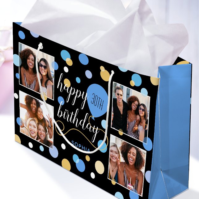 Custom Photo Collage Birthday Blue 30th Large Gift Bag (Creator Uploaded)