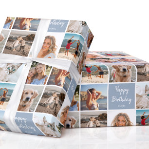 Custom Photo Collage Birthday Modern Blue Grey Wrapping Paper