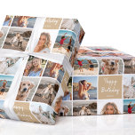 Custom Photo Collage Birthday Modern Gold Wrapping Paper<br><div class="desc">Celebrate a special birthday with a custom photo gift wrap! This simple contemporary design features trendy script typography, and seven of your favourite photos in a square-shaped grid — perfect for family, kids, friends, and pets! Personalise the template with a "Happy Birthday" greeting and the recipient's name. A seamless pattern...</div>