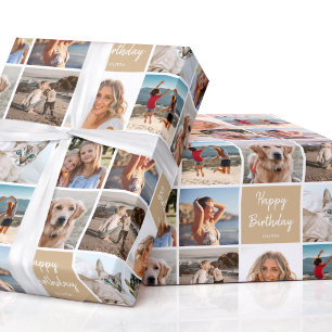Custom Photo Collage Birthday Modern Gold Wrapping Paper