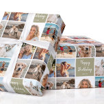 Custom Photo Collage Birthday Modern Green Wrapping Paper<br><div class="desc">Celebrate a special birthday with a custom photo gift wrap! This simple contemporary design features trendy script typography, and seven of your favourite photos in a square-shaped grid — perfect for family, kids, friends, and pets! Personalise the template with a "Happy Birthday" greeting and the recipient's name. A seamless pattern...</div>