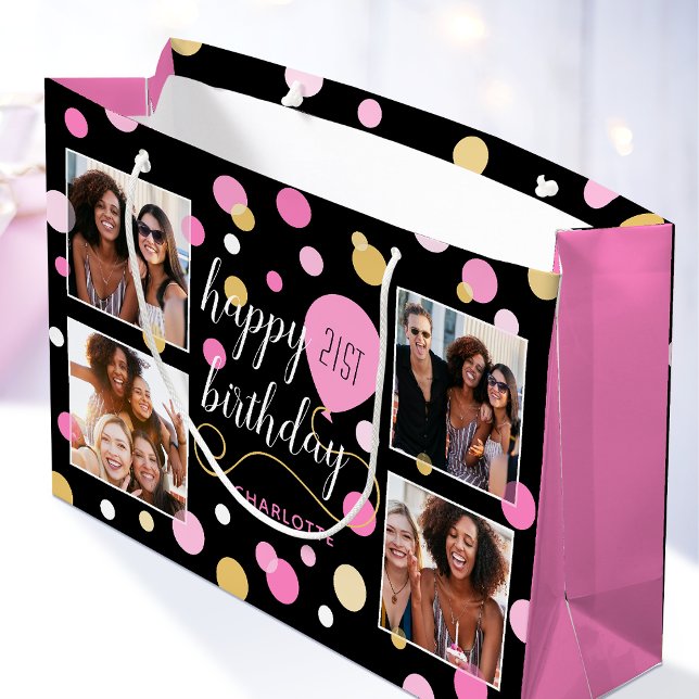 Custom Photo Collage Birthday Pink 21st Large Gift Bag (Creator Uploaded)