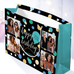 Custom Photo Collage Birthday Turquoise 25th Large Gift Bag<br><div class="desc">Create a stylish photo collage gift bag! Personalise the template with four favourite photos,  the recipient's name,  and birthday age. A fun design featuring round confetti,  balloons,  and "Happy Birthday" in a trendy script. Perfect for family,  kids,  friends,  and pets! Printed colours: teal green,  blue,  black,  white and gold.</div>