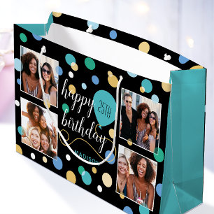 Custom Photo Collage Birthday Turquoise 25th Large Gift Bag