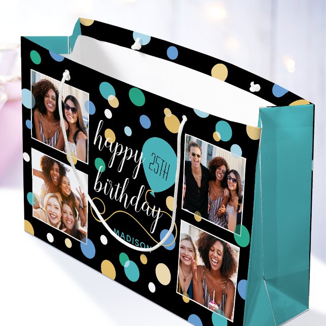 Custom Photo Collage Birthday Turquoise 25th Large Gift Bag (Creator Uploaded)