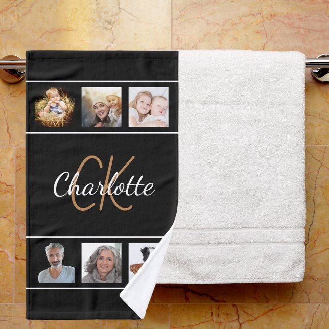 Custom photo collage black gold monogram script hand towel (Creator Uploaded)
