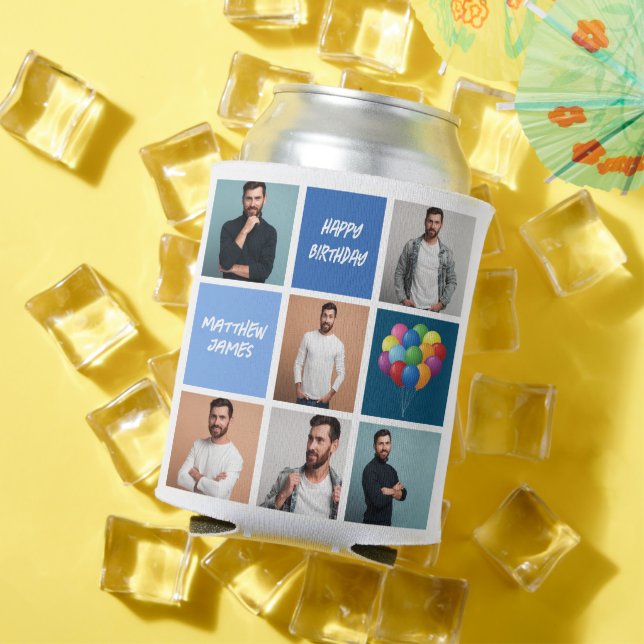 Custom Photo Collage Blue Birthday Party Can Cooler (In Situ Summer)