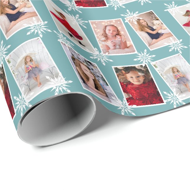 Custom Photo Collage Christmas Snowflakes Wrapping Paper (Roll Corner)