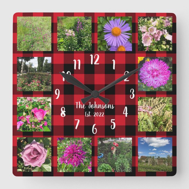 Custom Photo Collage Country Red Buffalo Plaid Square Wall Clock (Front)