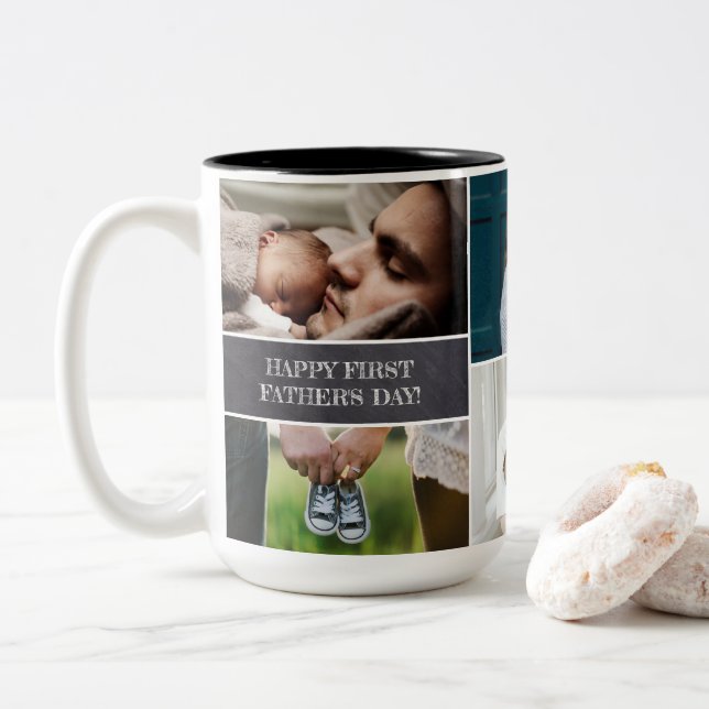 Custom Photo Collage Dad Happy First Father's day Two-Tone Coffee Mug (With Donut)