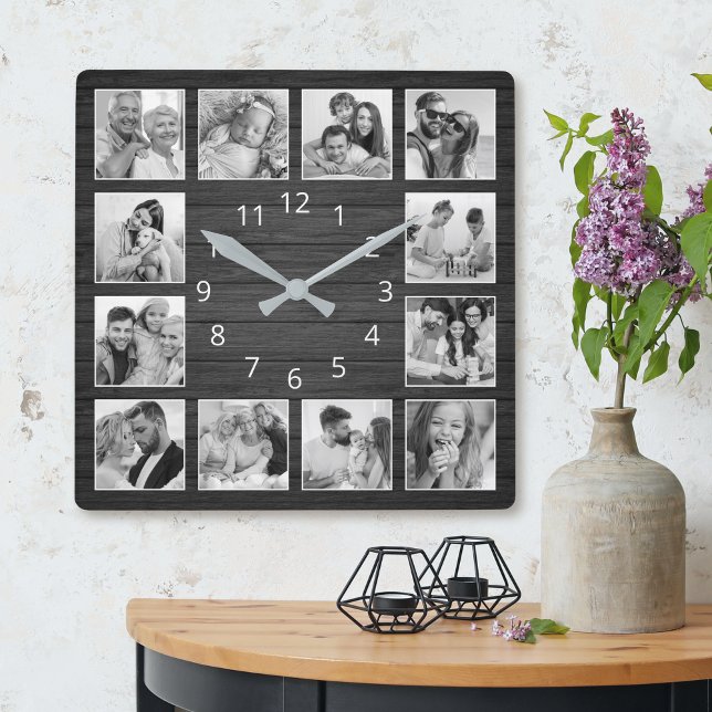 Custom Photo Collage Elegant Black Wood Family Square Wall Clock (Creator Uploaded)