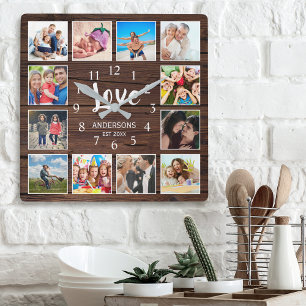 Custom Photo Collage Family Love Dark Wood Square Wall Clock
