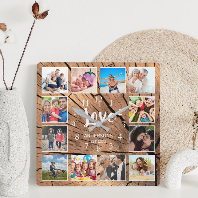Custom Photo Collage Family Love Wood Log Square Wall Clock (Creator Uploaded)