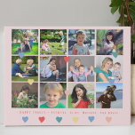 Custom photo collage family name colourful hearts faux canvas print<br><div class="desc">Happy family script name keepsake gift with 12 custom square photo collage and colourful hearts spread over a pastel pink blush (changeable) background.          Upload your photos and personalise the text!</div>