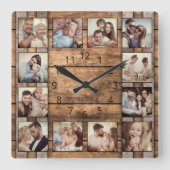 Custom Photo Collage Family Rustic Wooden Barrel Square Wall Clock (Front)