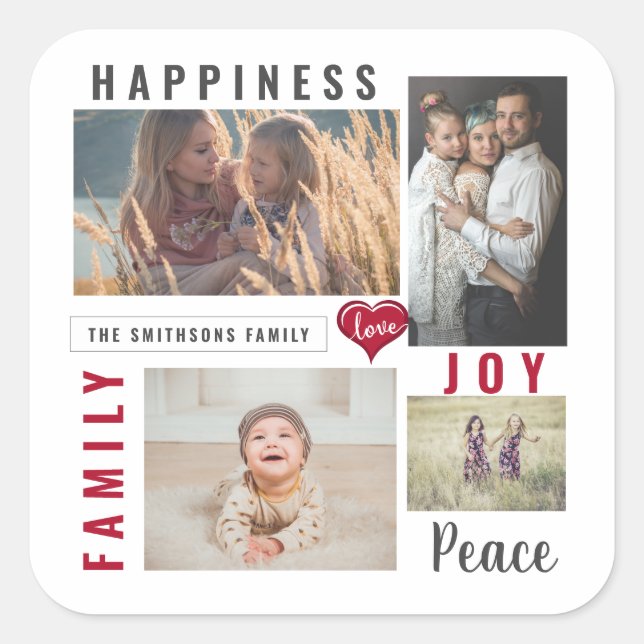 Custom Photo Collage Love Joy Family Square Sticker (Front)