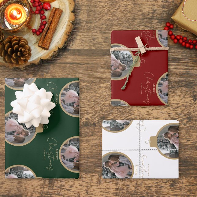 custom photo collage Merry Christmas bauble Wrapping Paper Sheet (Creator Uploaded)