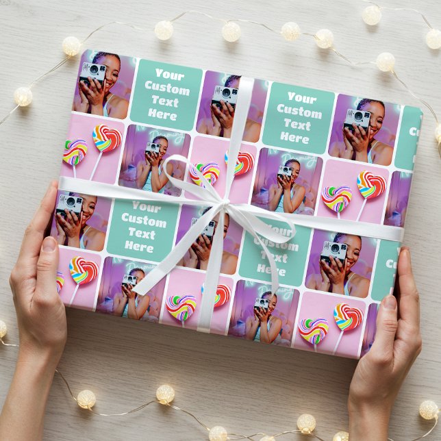 Custom Photo Collage Modern Retro Green Pattern Wrapping Paper (Creator Uploaded)