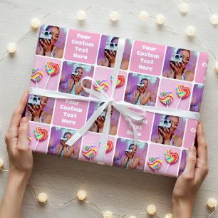 Custom Photo Collage Modern Retro Pink Trendy Wrapping Paper