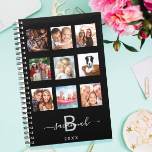 Custom photo collage monogram black modern 2022 planner