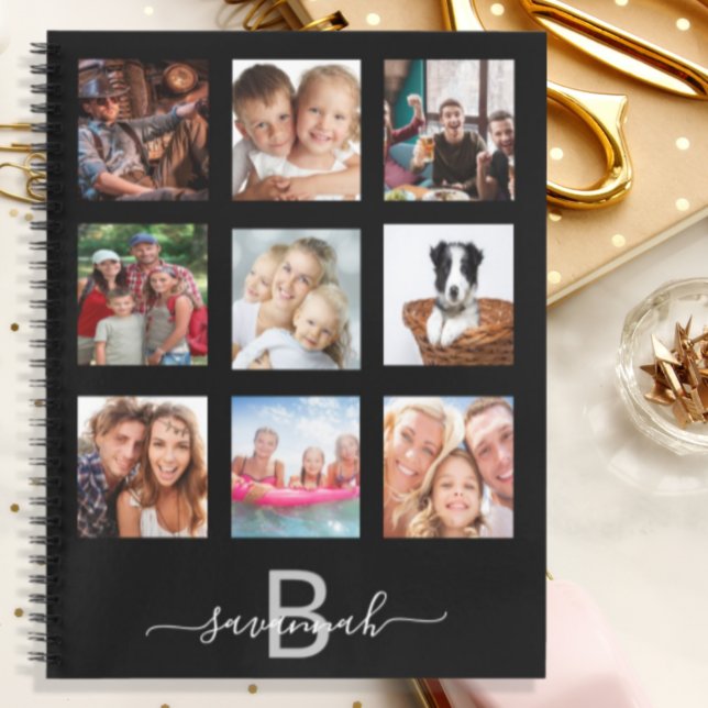 Custom photo collage monogram black modern diary notebook (Creator Uploaded)