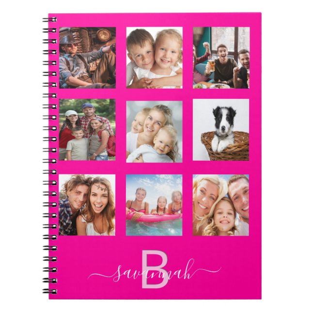 Custom photo collage monogram hot pink diary  notebook (Front)
