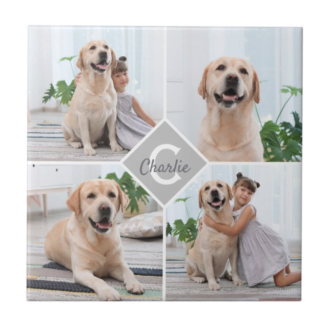 Custom Photo Collage Monogram Name Dog Ceramic Tile (Front)