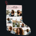 Custom Photo Collage Monogram Name Initial Small Christmas Stocking<br><div class="desc">This cute and cool Christmas stocking is perfect for every member of your family. Make a special and customised stocking for your holiday decor. It features nine picture customisable photo collage with a personalised monogram name initial in black and rose pink on top of a simple blush pink background. It's...</div>