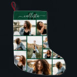 Custom Photo Collage Monogram Name Initial Small Christmas Stocking<br><div class="desc">This cute and cool Christmas stocking is perfect for every member of your family. Make a special and customised stocking for your holiday decor. It features nine picture customisable photo collage with a personalised monogram name initial in dark green and white on top of a simple forest green background. It's...</div>