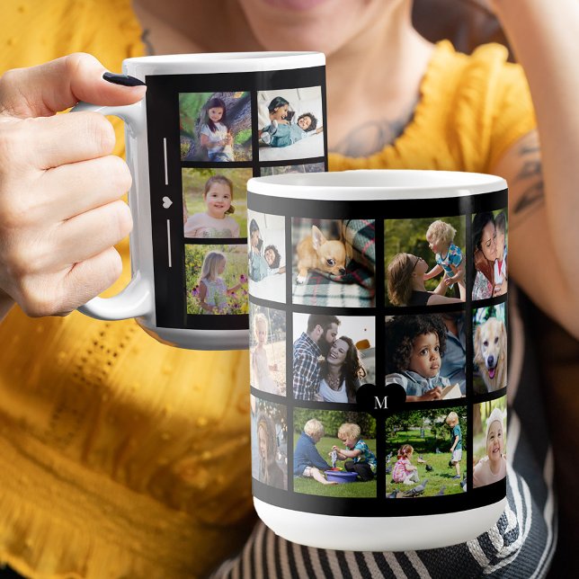 Custom photo collage monogram personalised black coffee mug (Creator Uploaded)