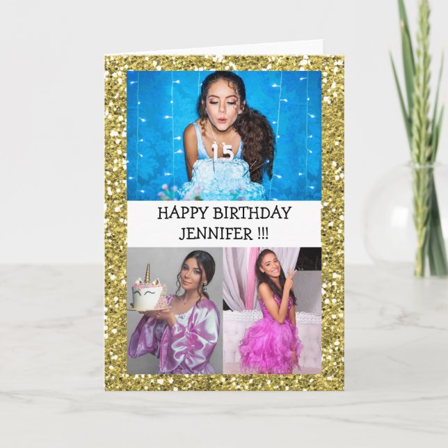 Custom Photo Collage Name Glitter Happy birthday C Card (Front)